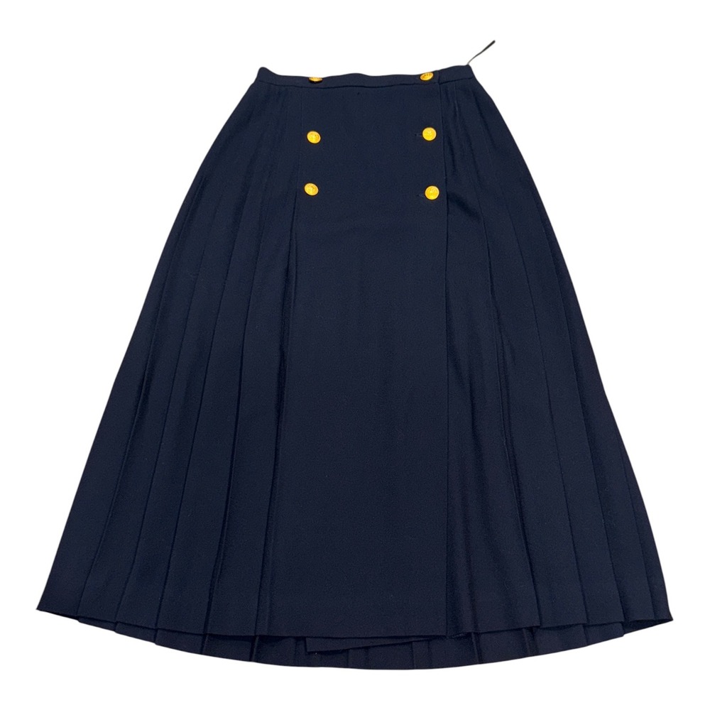 Vintage JH Collectibles Navy Blue Wool Pleated Midi Skirt Gold Buttons Sz 8 READ
